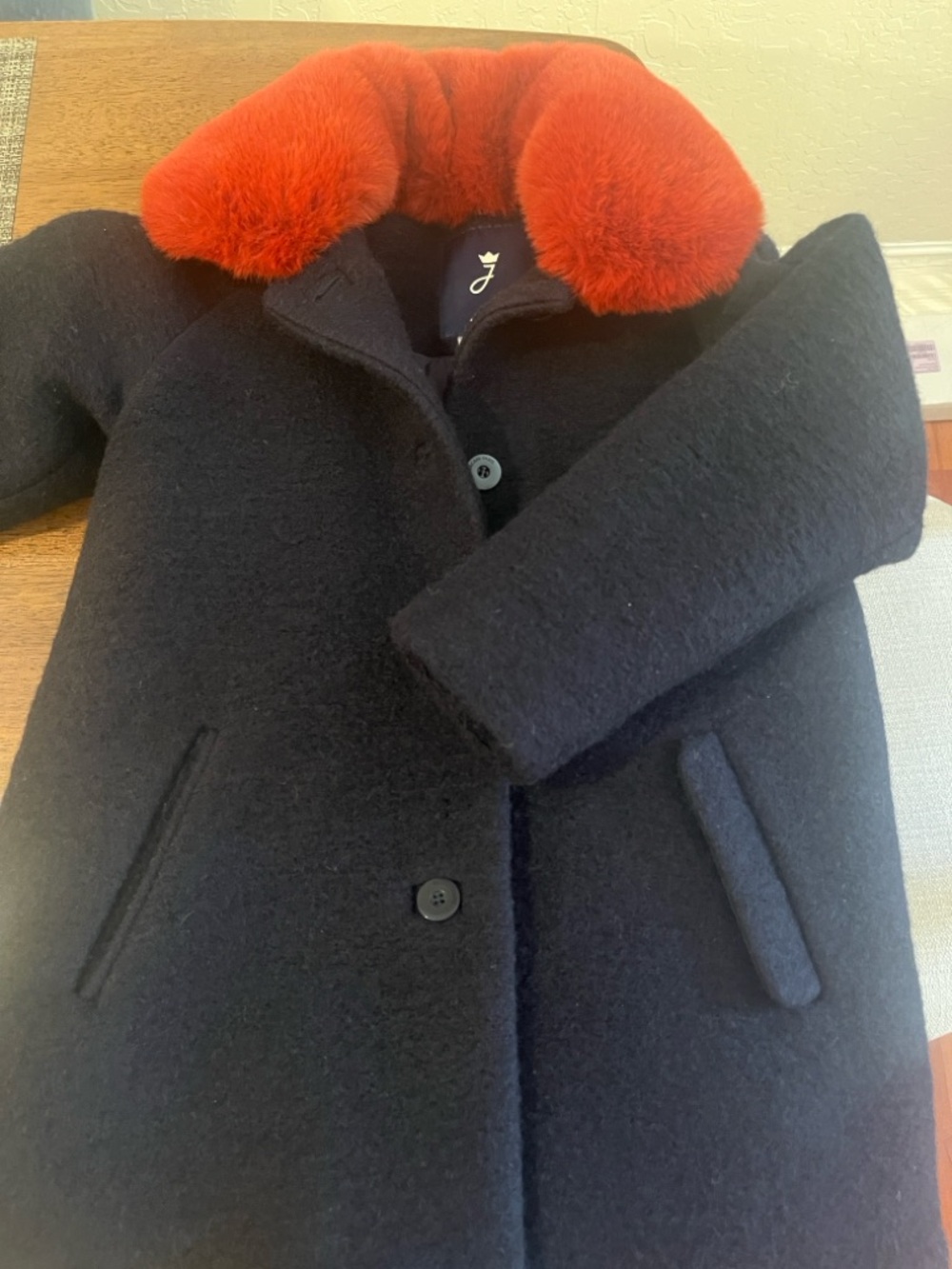 Jacadi Navy Pea Coat with Red Faux Fur Collar